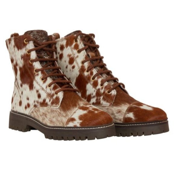MYRA BAG Women's Helium Brown & White Cowhide Lace Up Boots Size 8 NWT - Picture 1 of 10